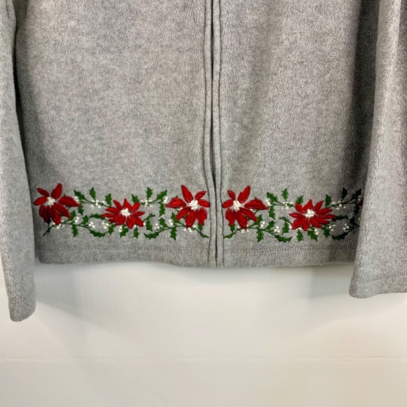 Christmas Embroidered Holly Granny cottagecore fleece jacket cardigan red gray - Picture 6 of 11
